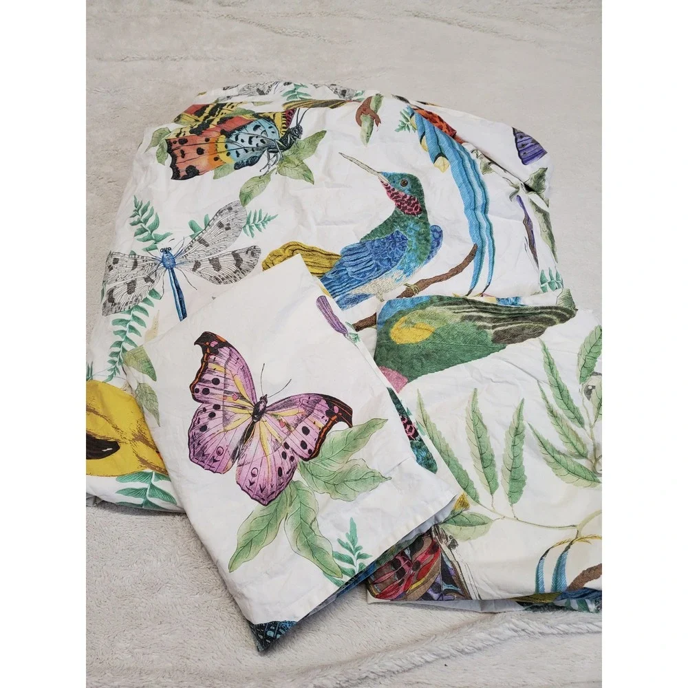 Pottery Barn Spring Fauna Bird Print Percale Full Queen Duvet 2 Regular Sham